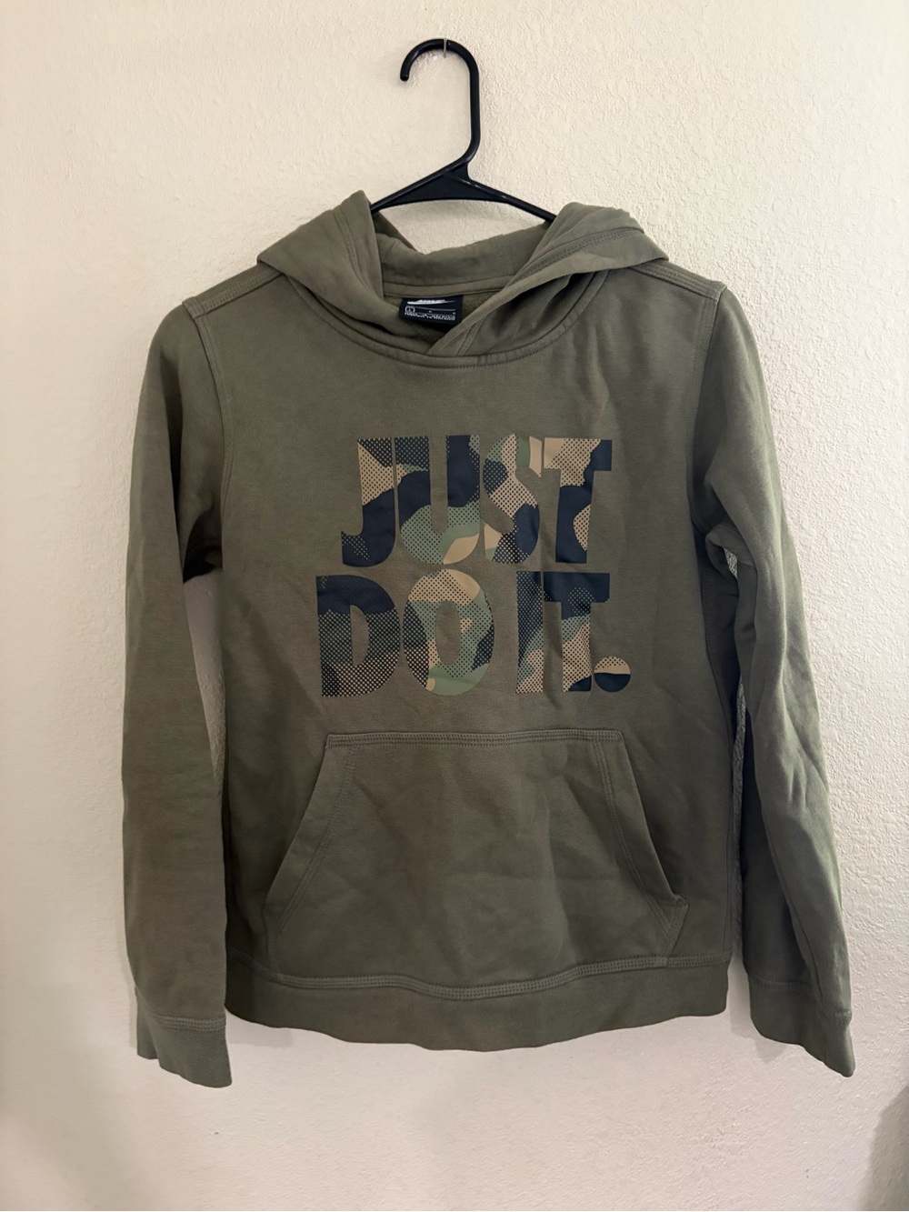 Nike Olive Green Crewneck Hoodie with Camo "Just Do It" Graphic